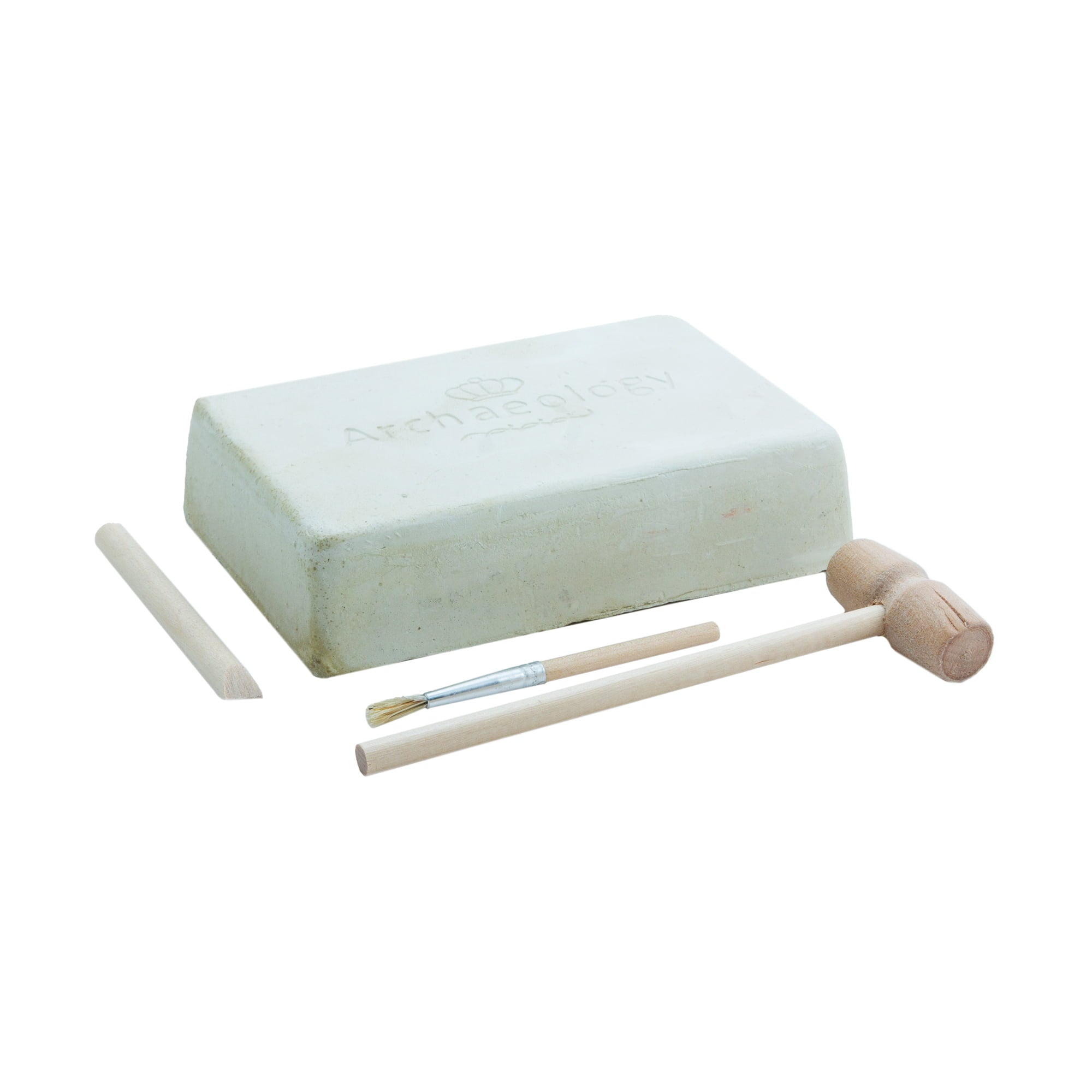 The hammer, scraping tool, small brush, and very light teal block included in the set on a white background. 