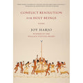 Book cover for 'Conflict Resolution for Holy Beings' by Joy Harjo featuring an illustration of a group of people dancing and singing around a ceremonial pole.