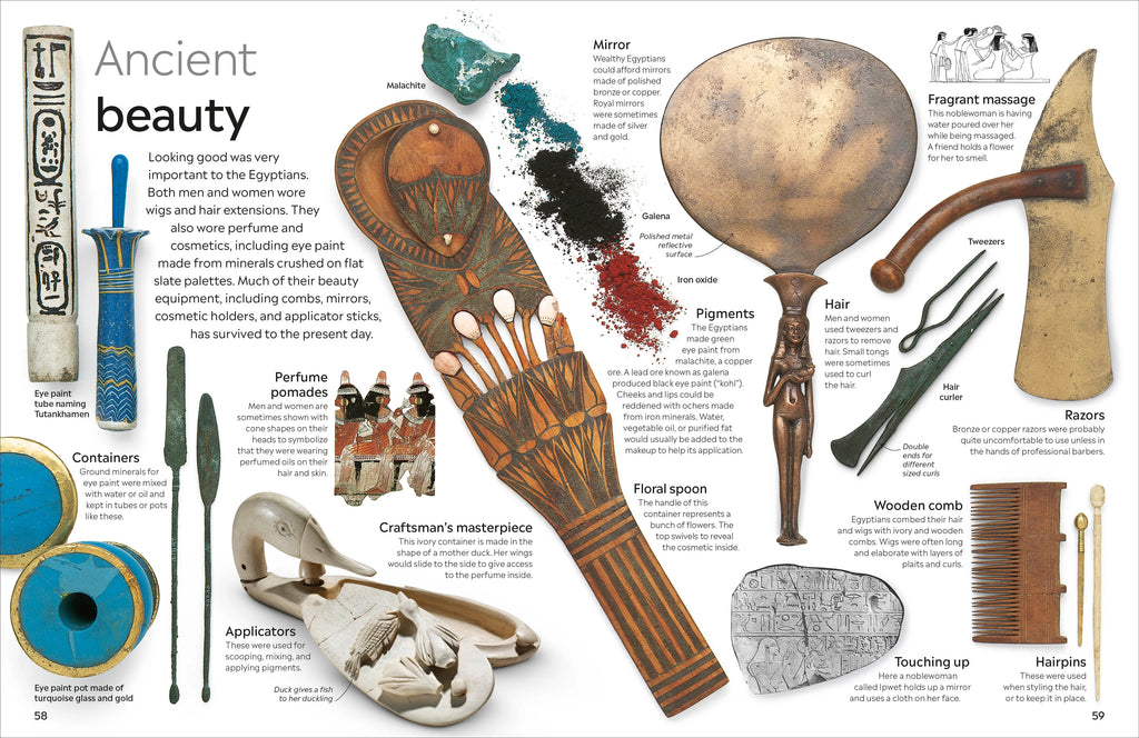 Book interior showcasing beauty and self care items of ancient egyptians