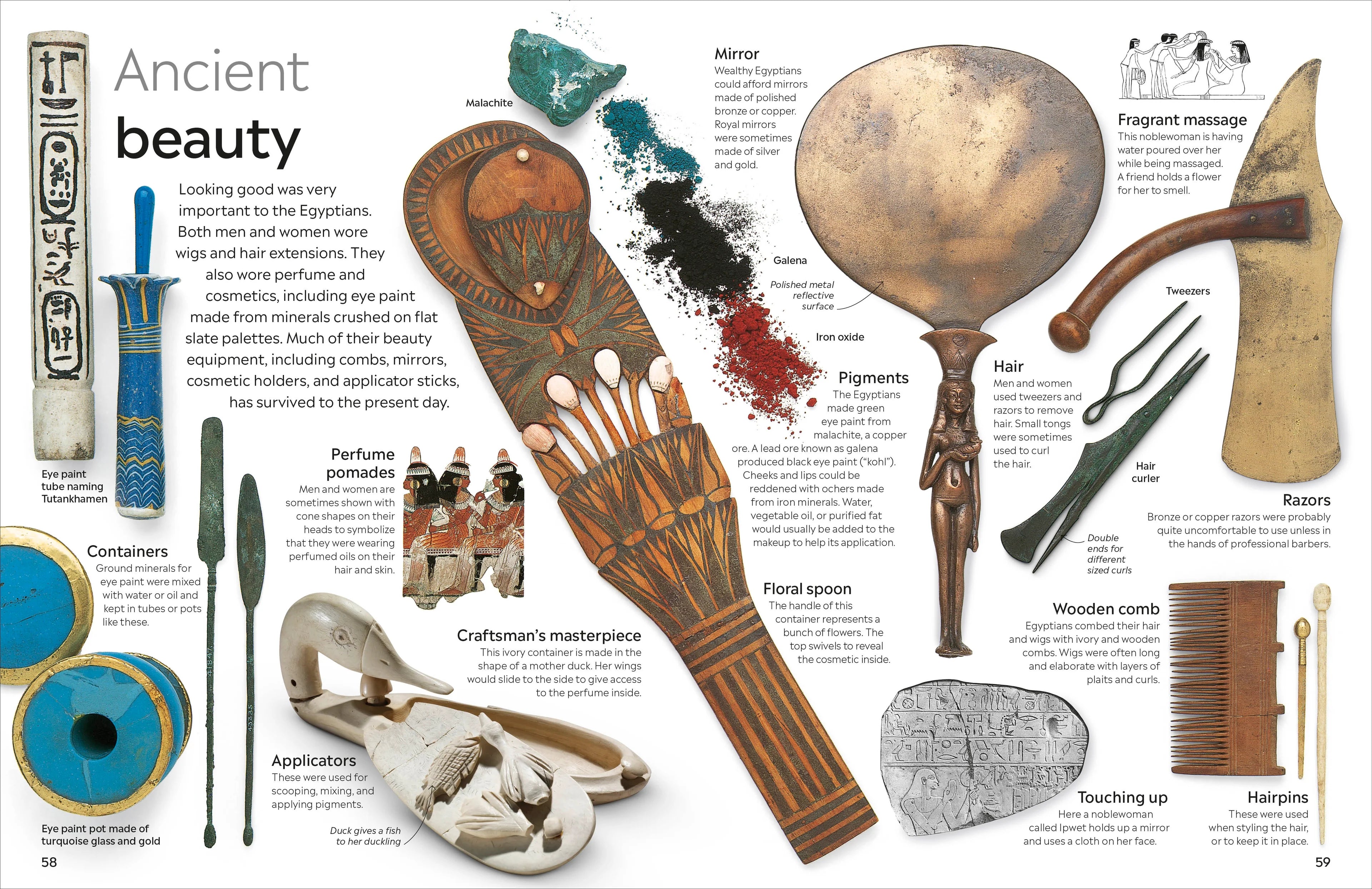 Book interior showcasing beauty and self care items of ancient egyptians