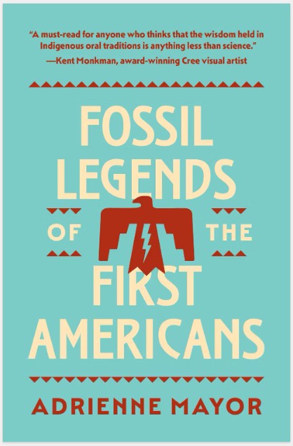 Book cover of 'Fossil Legends of the First Americans' with a blue background and red and beige text.
