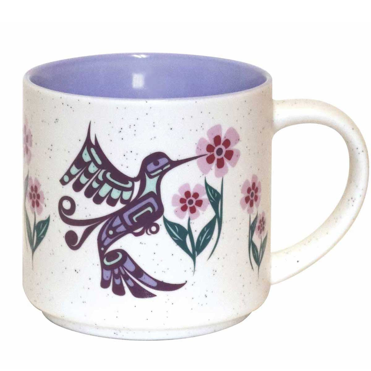 Ceramic mug with Native Northwest artwork of a hummingbird and flowers.