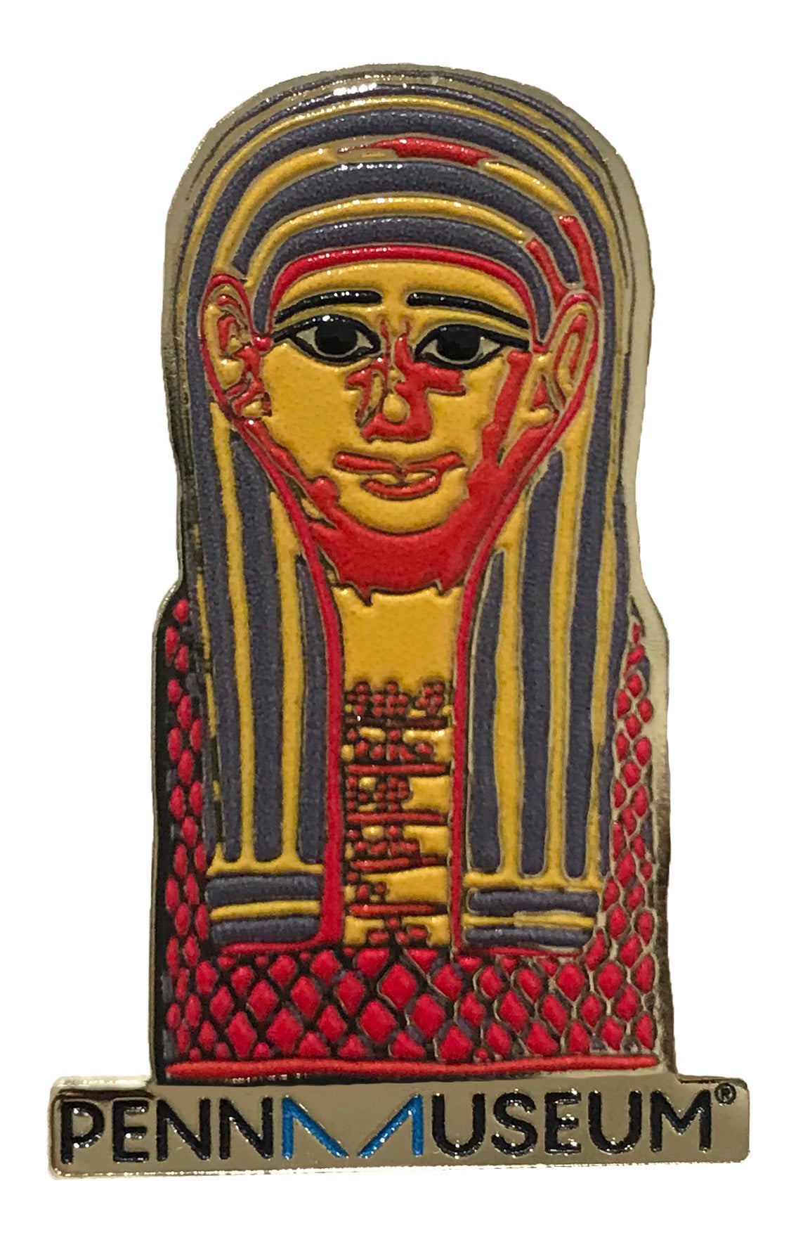A colorful enamel pin shaped like an ancient Egyptian mummy mask, with a red and yellow body and black details, featuring the text 'PENN MUSEUM' at the bottom.