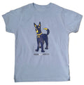 Youth-sized blue t-shirt with a graphic print of Anubis, the dog-like figure from ancient Egyptian mythology, on the front with the text 'Penn Museum'.