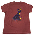 Youth-sized maroon t-shirt with an illustration of a Bastet cat on the front, and the text 'Penn Museum' below it.