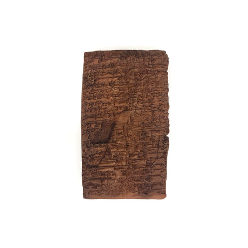 Reproduction of an ancient cuneiform tablet on a white background. Back.