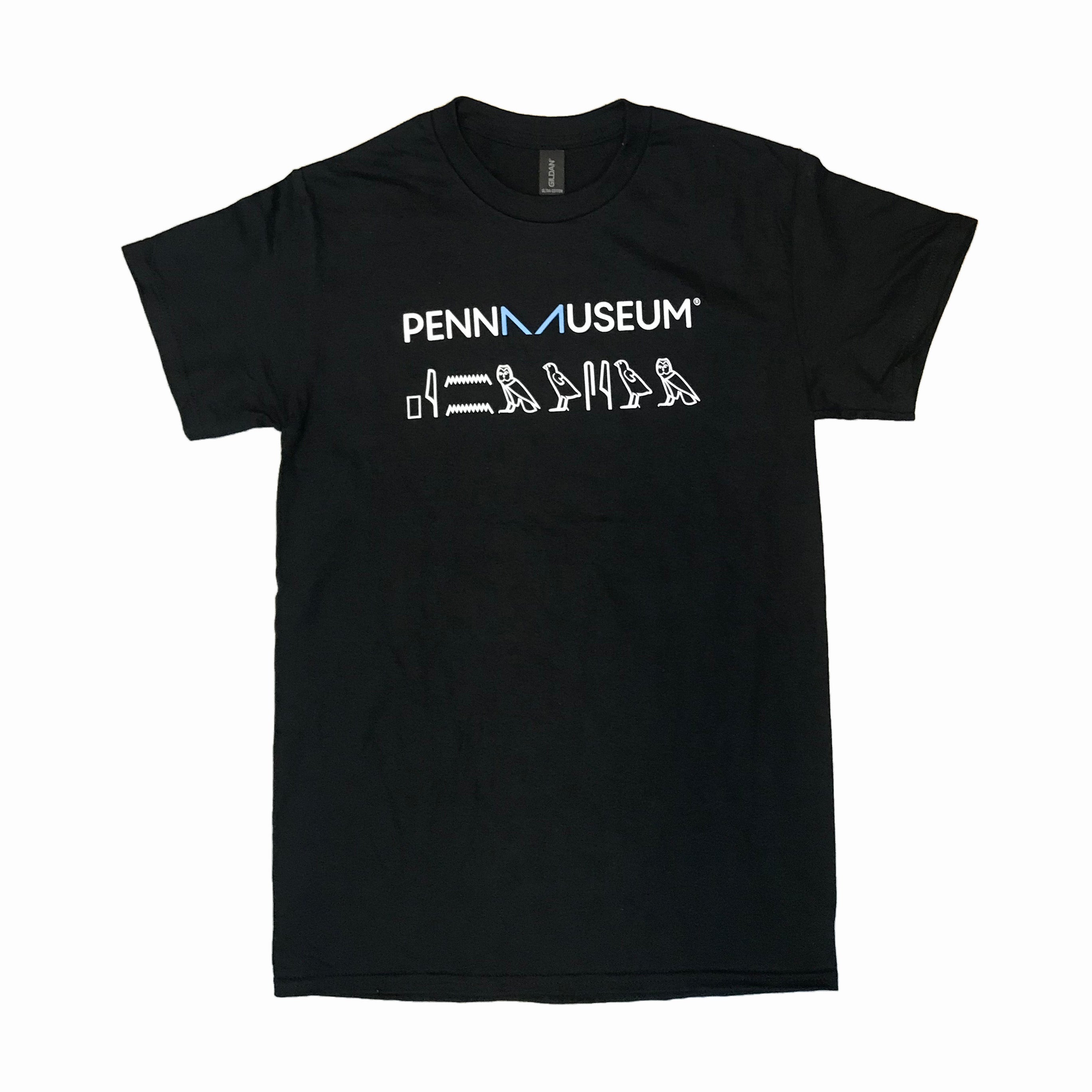Black t-shirt with 'Penn Museum' logo on a white background