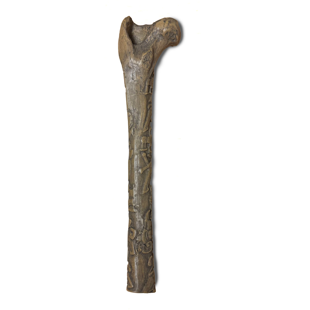 Reproduction of engraved Mayan artifact. A bone, most likely a monkey Femur. Relief engraving is a portrait of a ruler. Back of object.