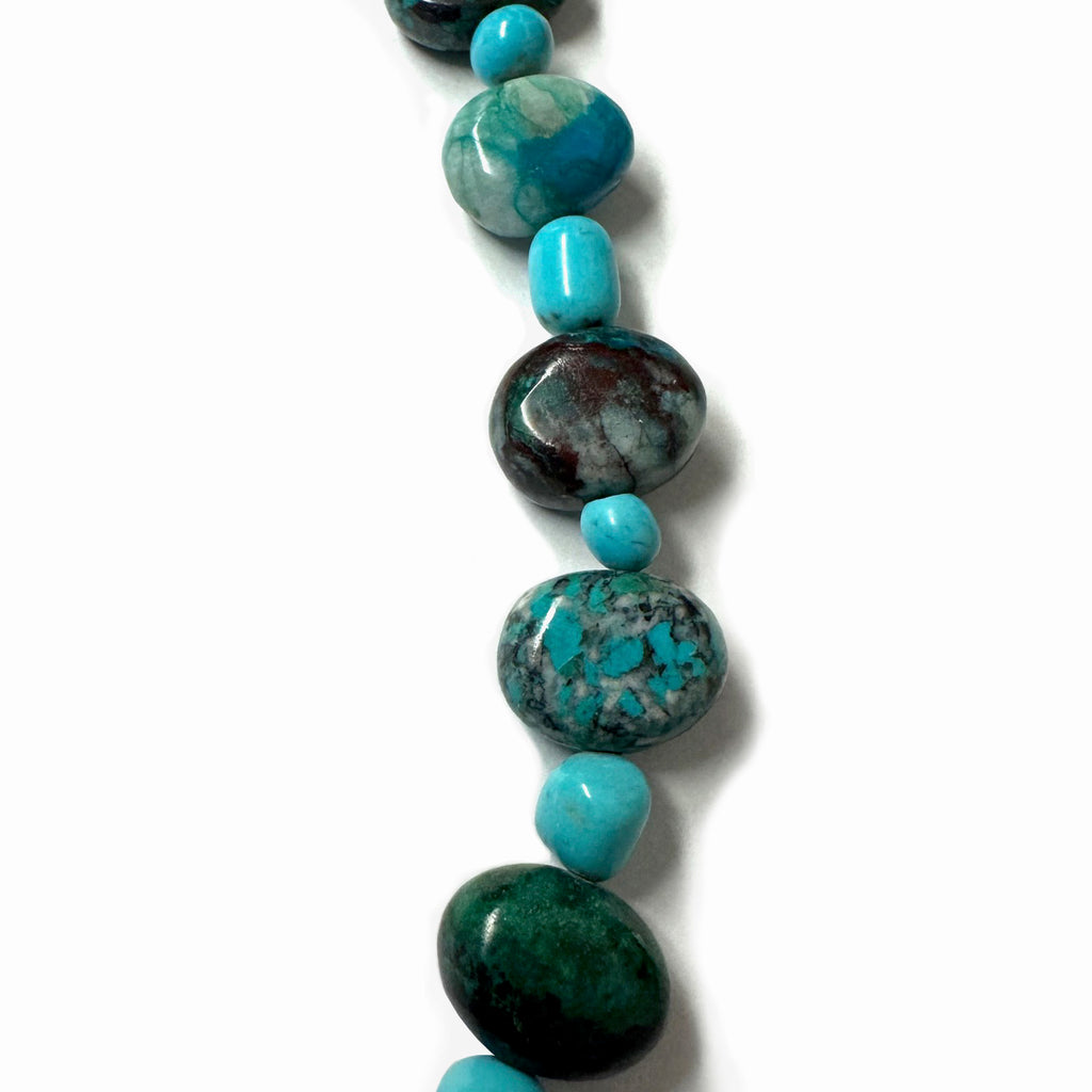 close-up of a necklace with turquoise beads on a white background