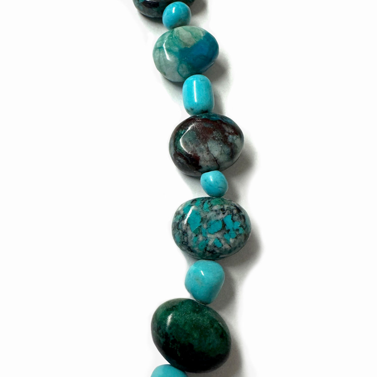 close-up of a necklace with turquoise beads on a white background