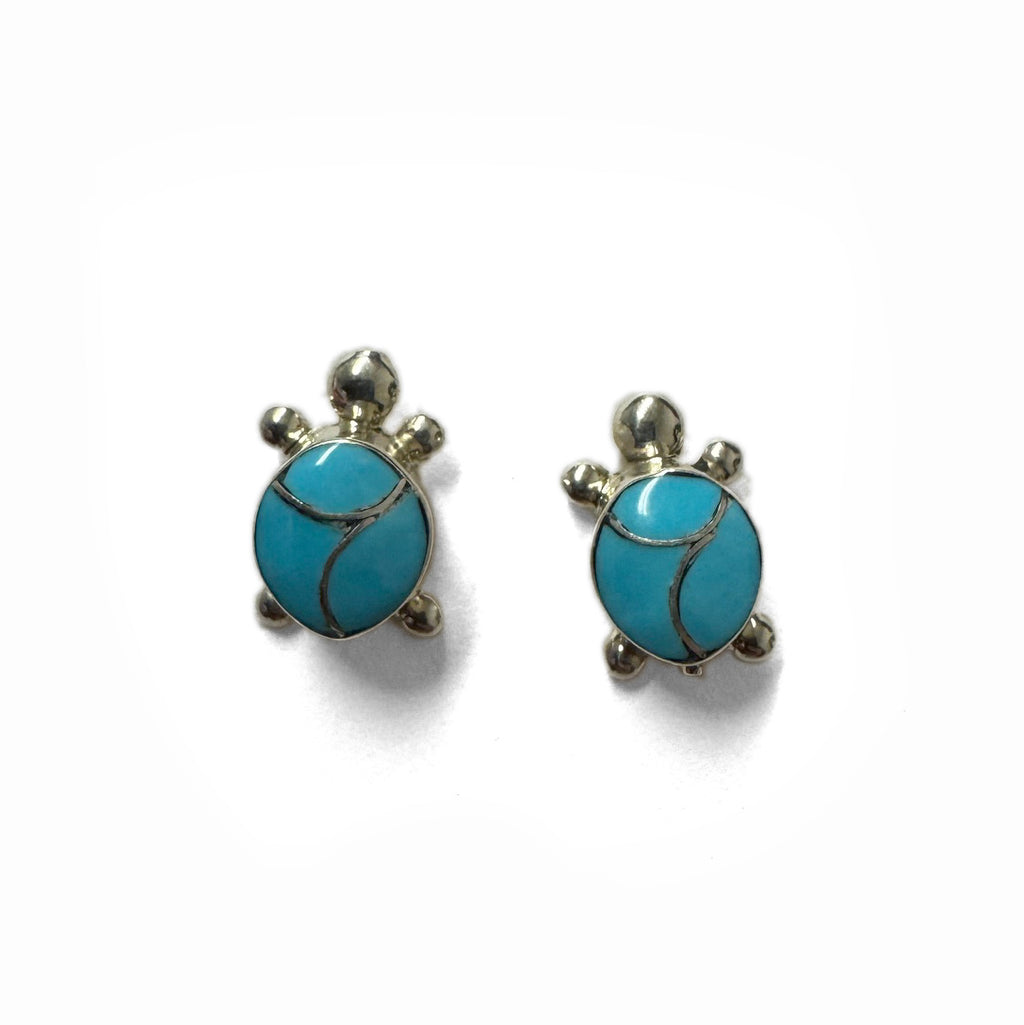 Sterling silver Turtle-shaped earrings with turquoise centers on a white background