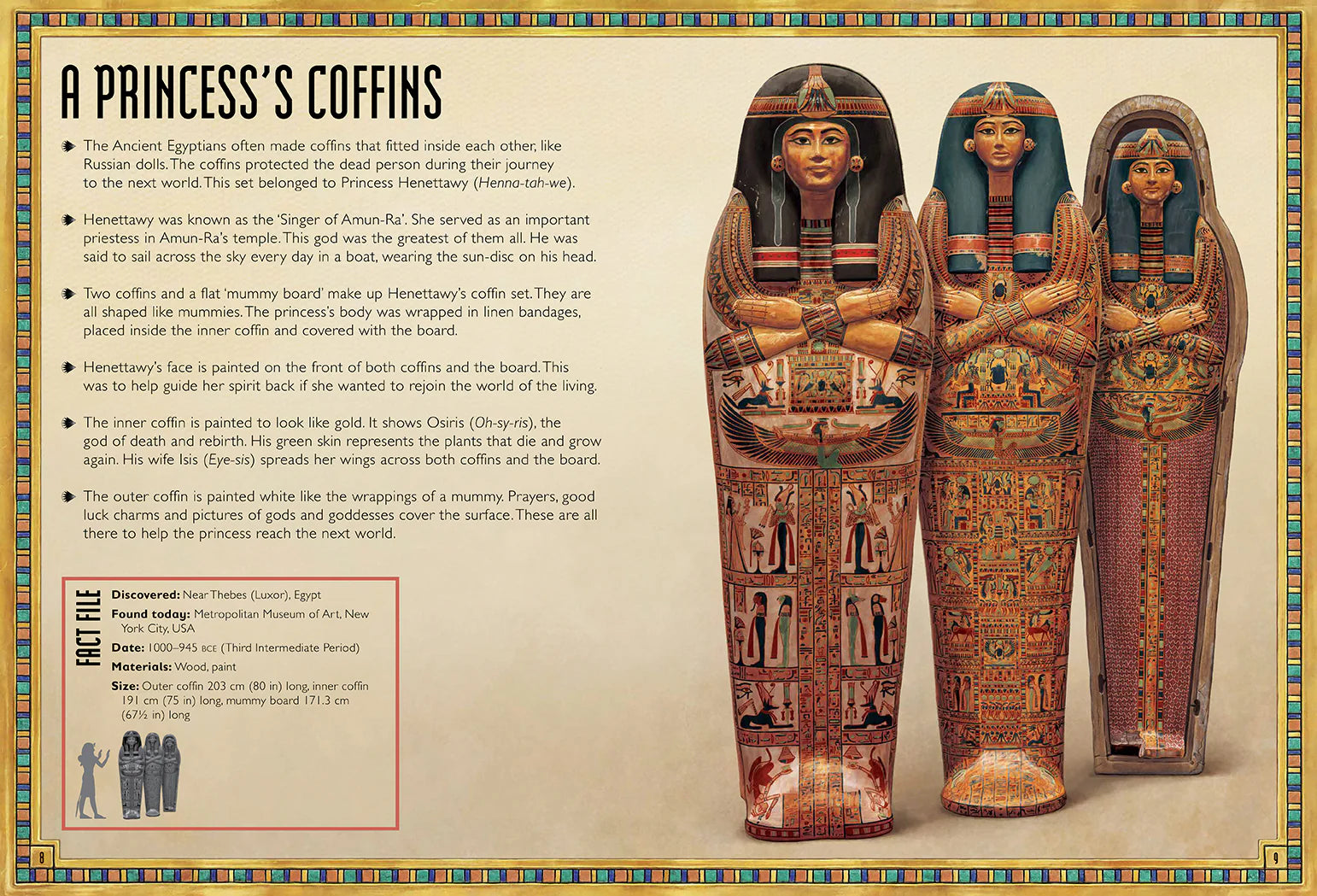 Book interior showing illustrations of Ancient Egyptian coffins