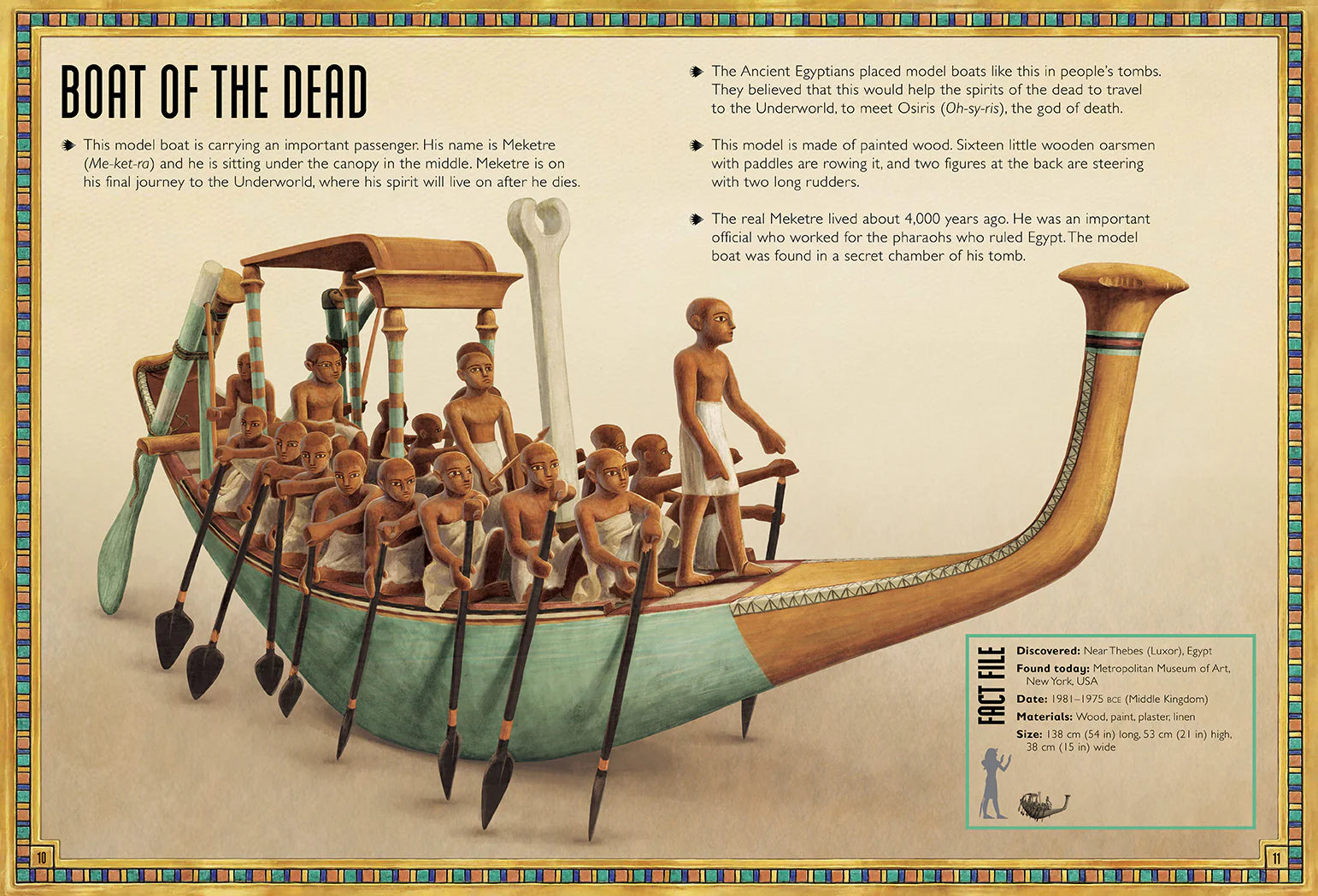 Book interior showing illustration of a Ancient Egyptian model boat of the dead