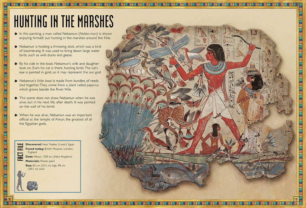 Book interior showing an illustration of an ancient Egyptian painting of a man hunting in the marshes around the Nile