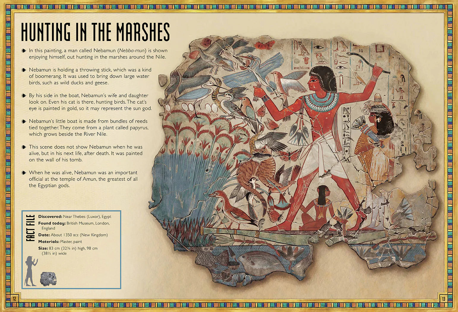 Book interior showing an illustration of an ancient Egyptian painting of a man hunting in the marshes around the Nile