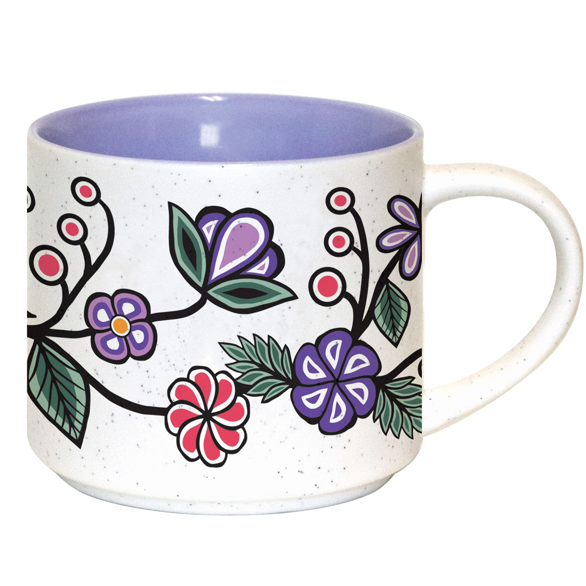 Ceramic mug with Native Northwest artwork of flowers.