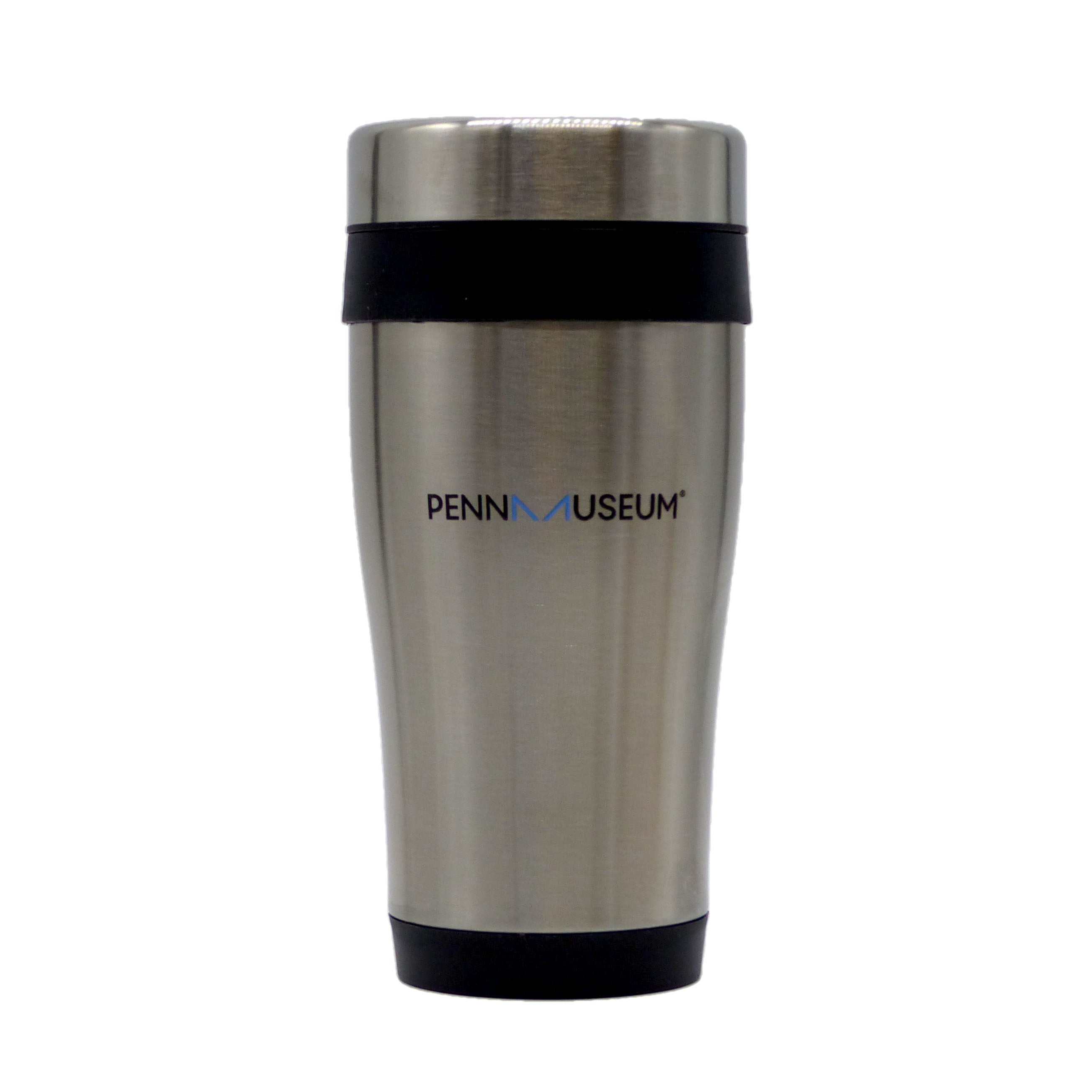 A 16 oz insulated tumbler with a lid and 'Penn Museum' logo printed on the side. Stainless steel finish on outside. Plastic inside.