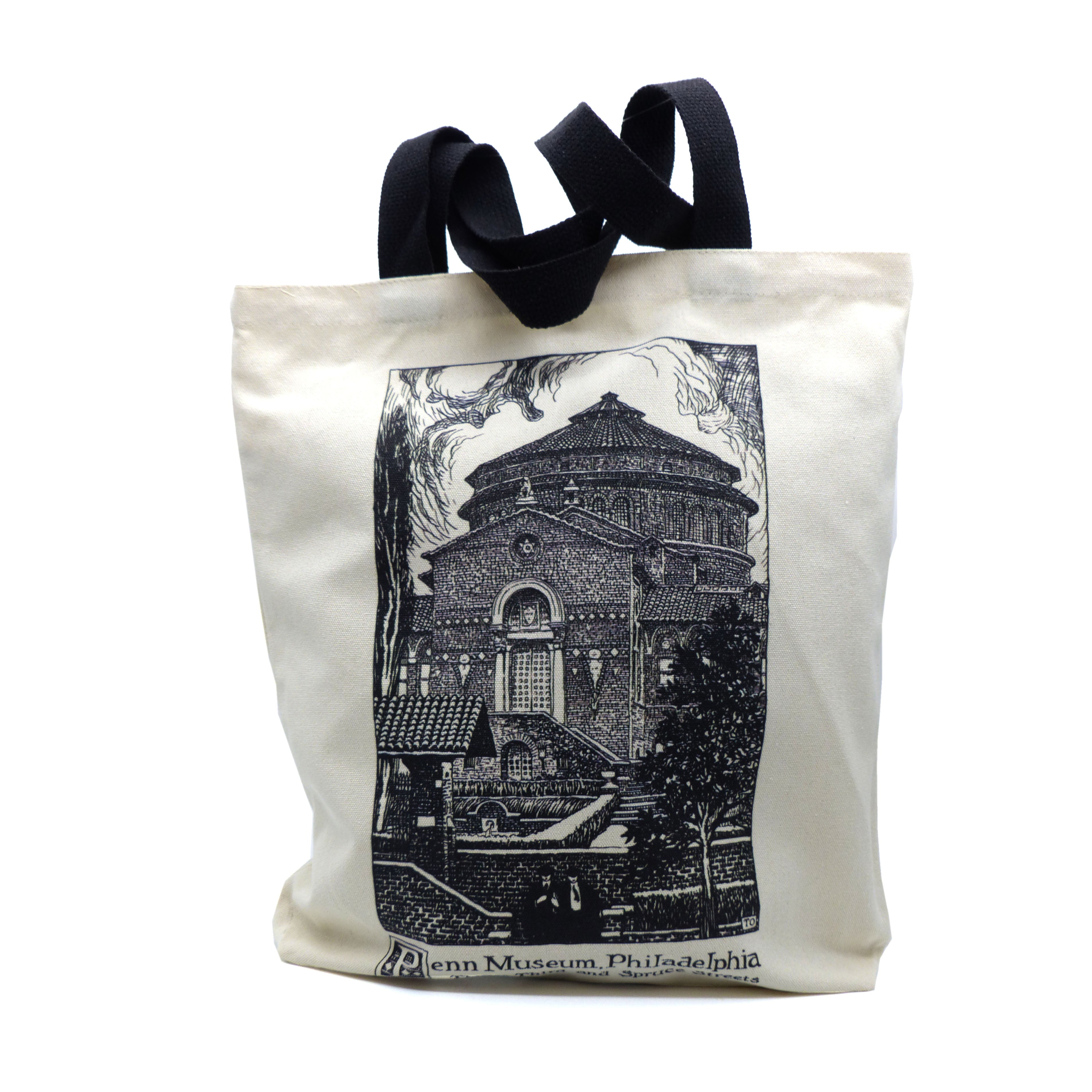 Tote bag with pen and ink illustration of Penn Museum exterior by Thornton Oakley