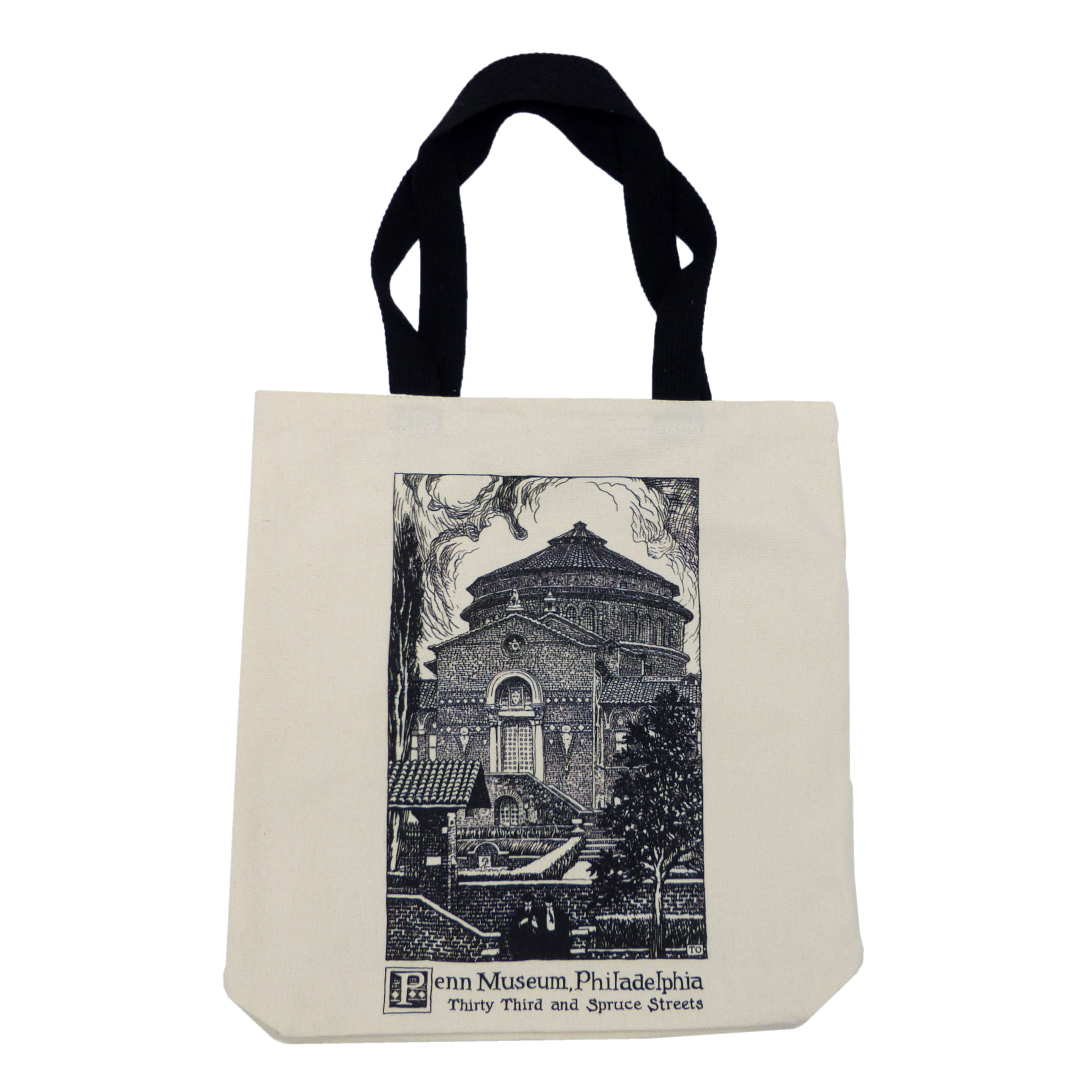 Canvas tote bag featuring a black and white printed artwork of the Penn Museum  and the words "Penn Museum, Philadelphia, thirty third and Spruce Streets, under the artwork.