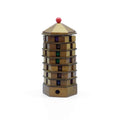 Wooden puzzle tower with colorful beads on a white background