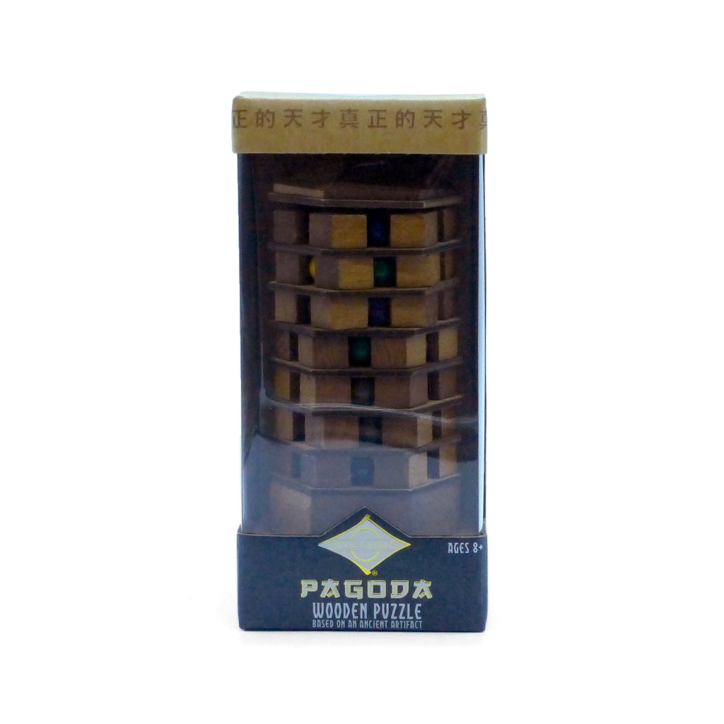 Pagoda wooden puzzle in packaging on a white background