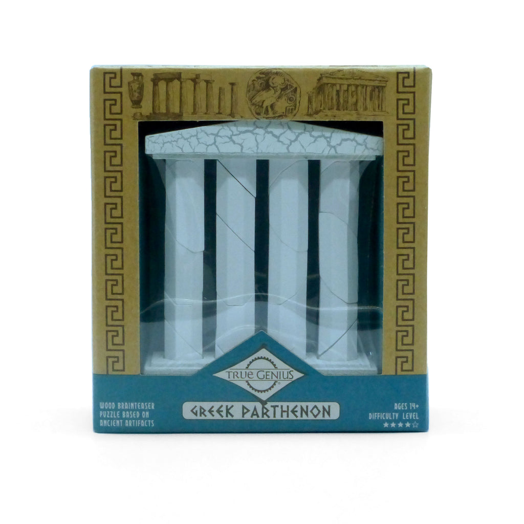 Brain-teaser puzzle of the Greek Parthenon in packaging with decorative elements