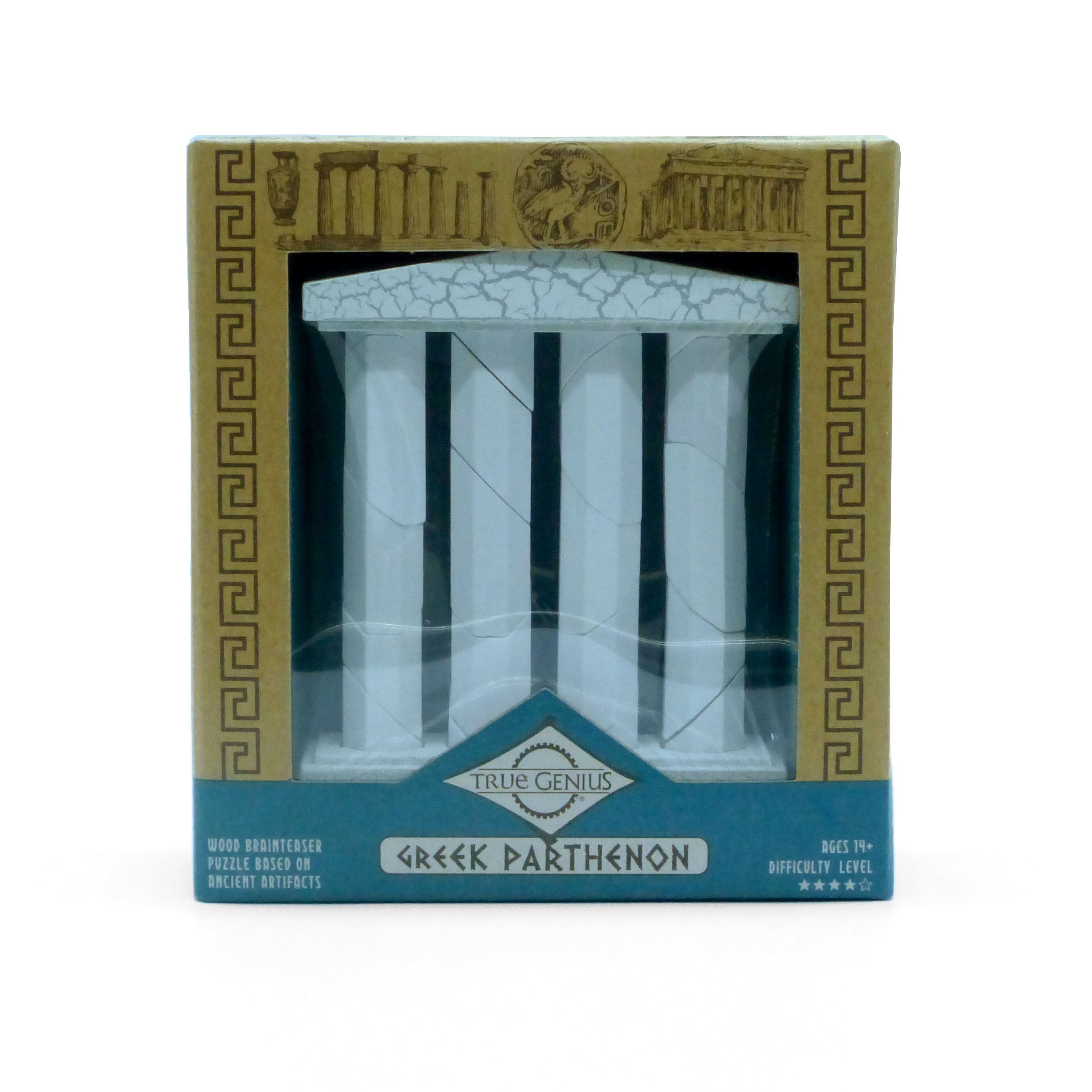 Brain-teaser puzzle of the Greek Parthenon in packaging with decorative elements