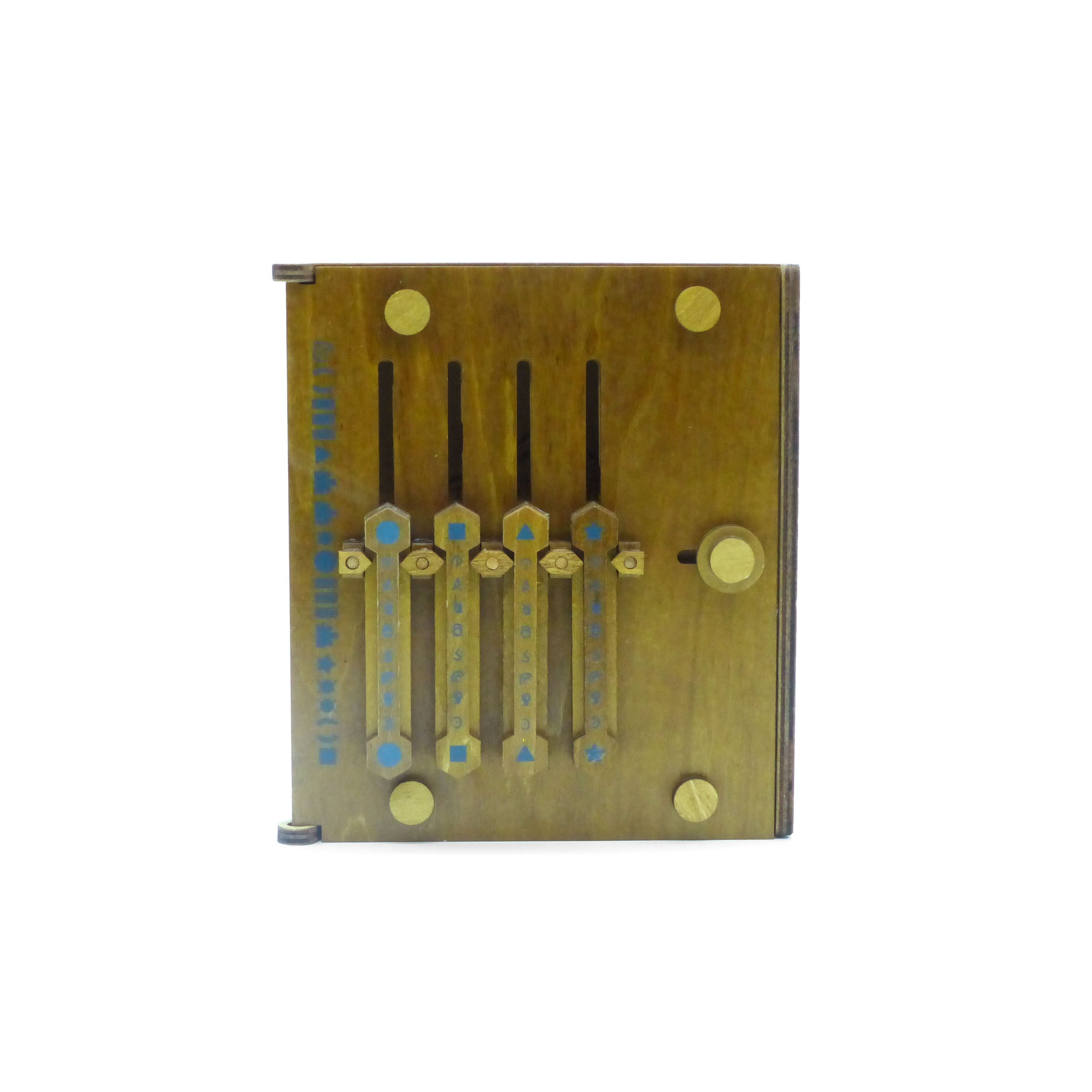 Caesar's Codex brain-teaser puzzle using Roman themed symbols for solution. Made of wood.