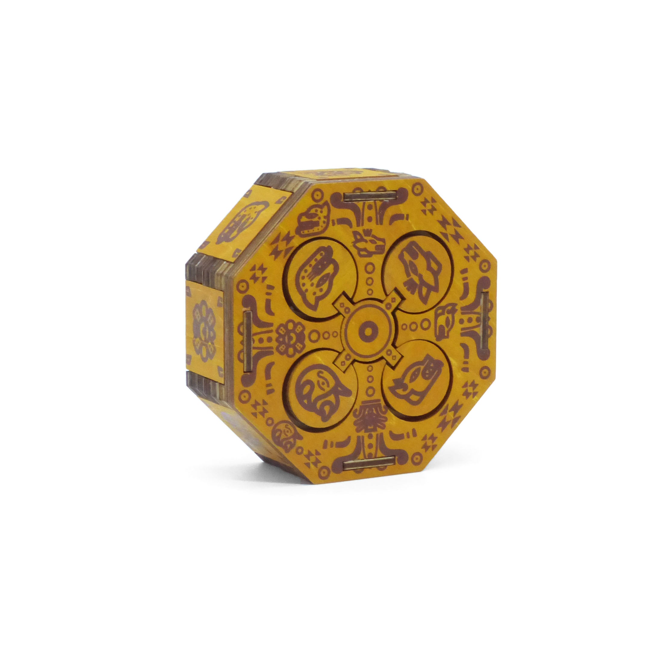 Aztec Family Chest brain-teaser puzzle using Aztec themed symbols for solution. Made of wood.