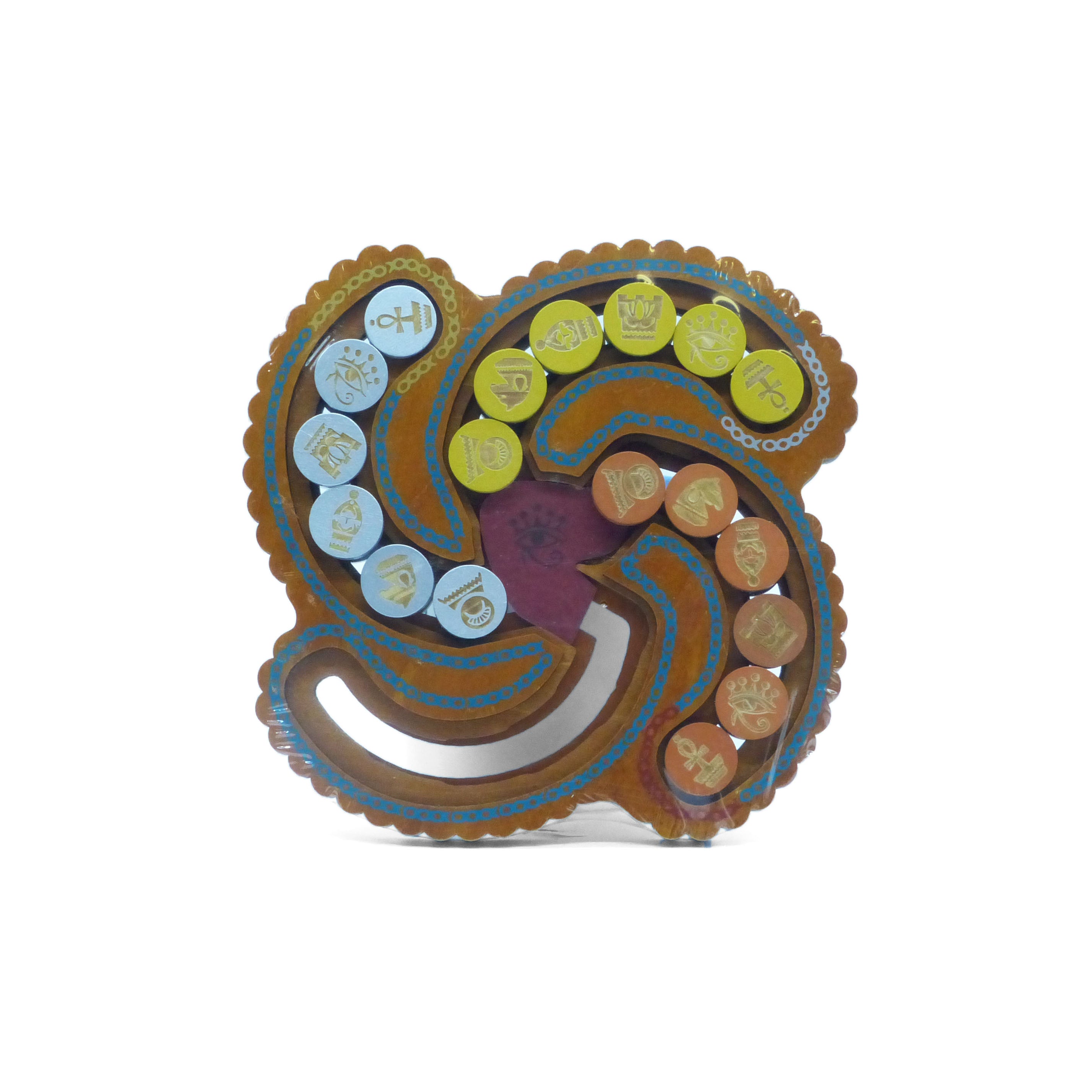 Egyptian Coin Trade brain-teaser puzzle using Egyptian themed symbols for solution. Made of wood.