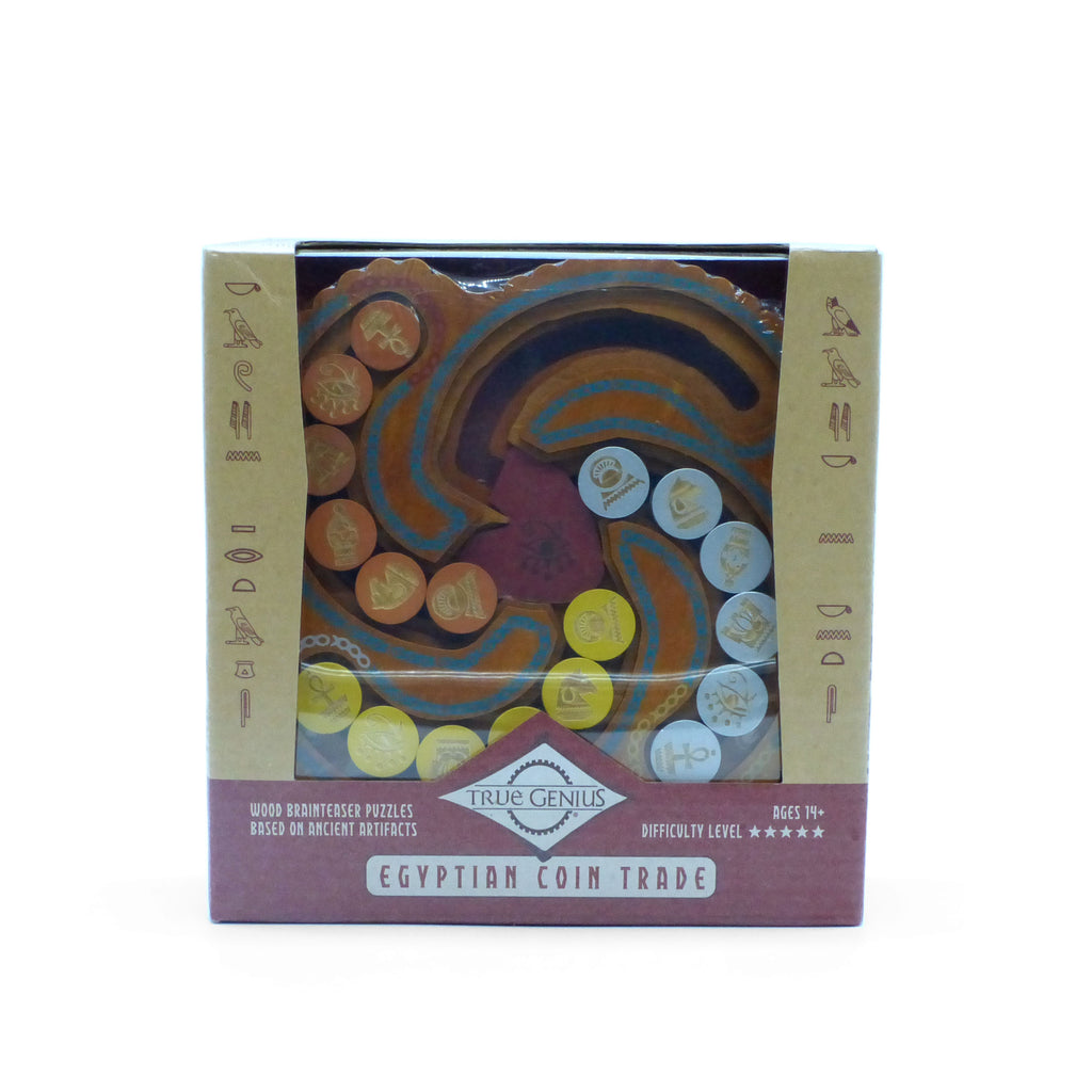 Boxed brain-teaser puzzle titled 'Egyptian Coin Trade' by True Genius on a white background.