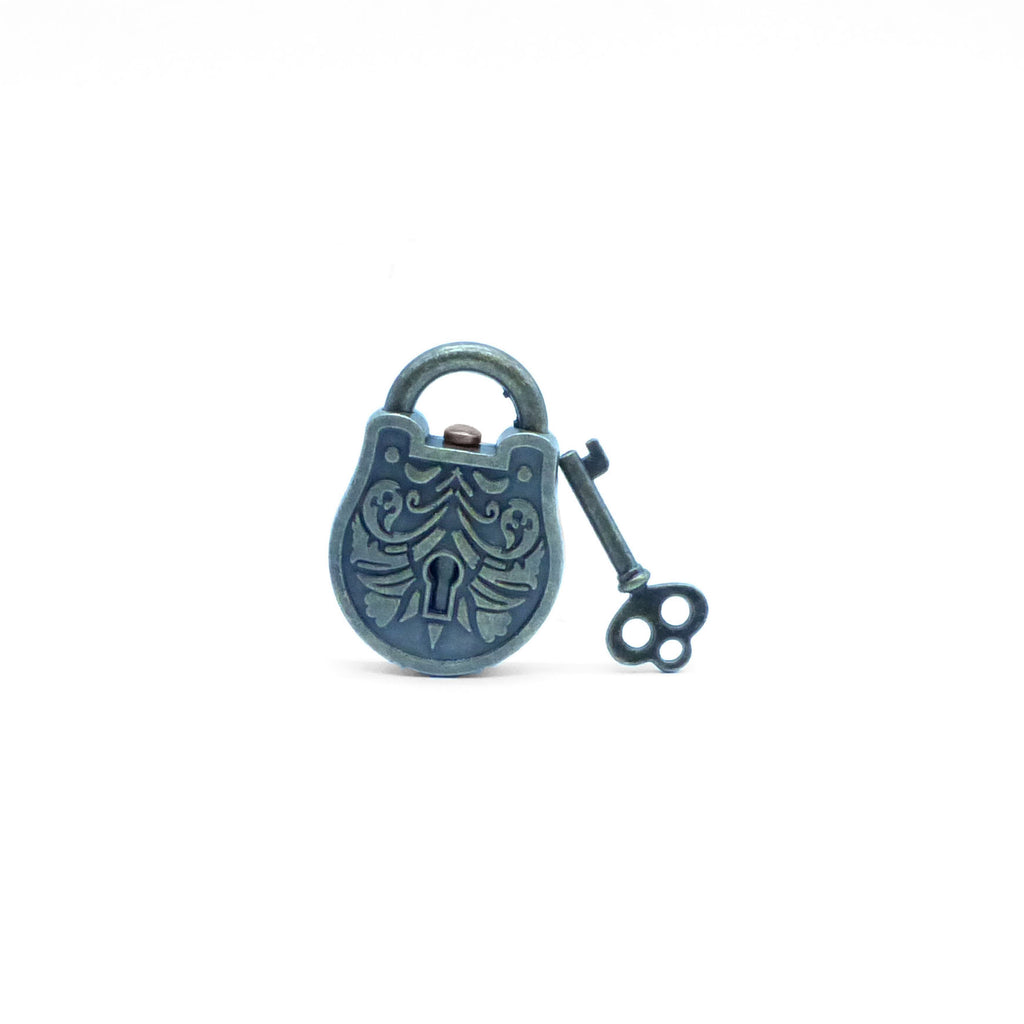 Grecian Trick Lock brain-teaser padlock puzzle with a key on a white background