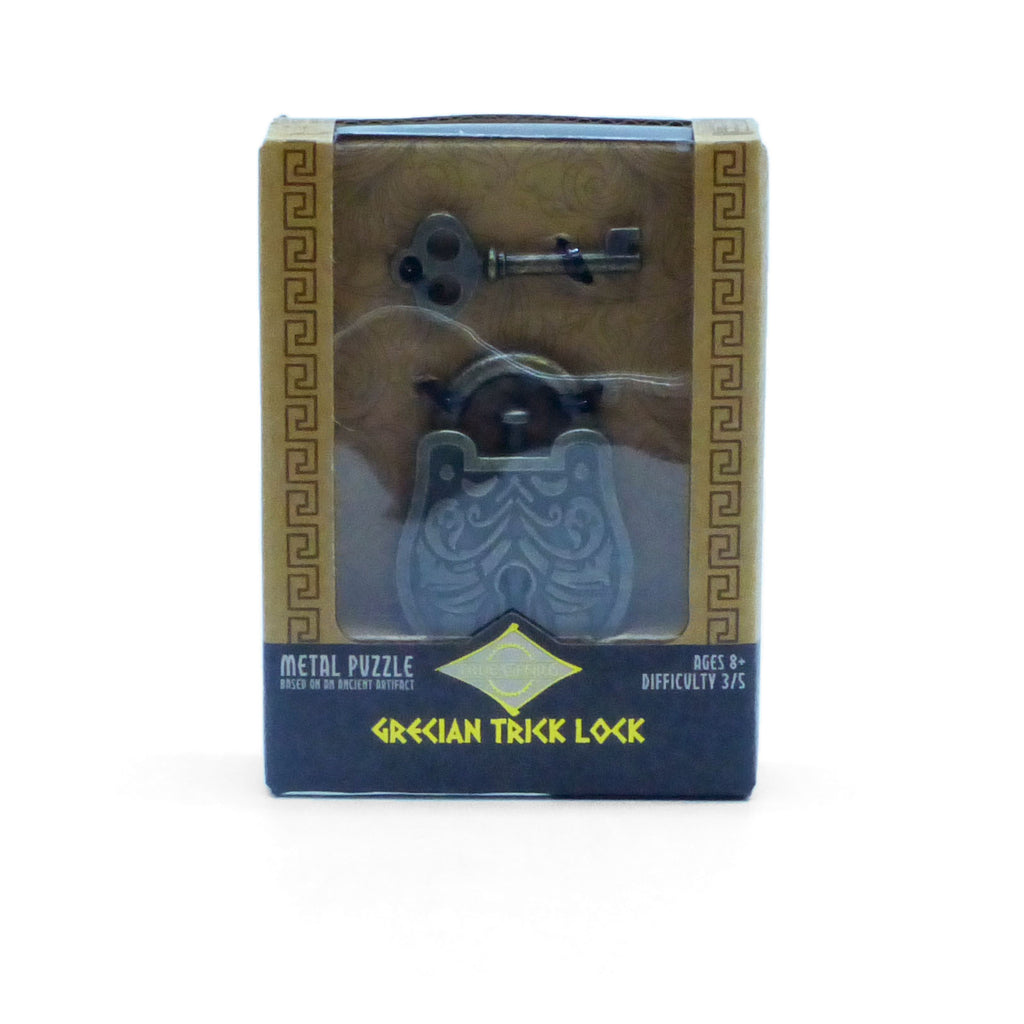Grecian Trick Lock metal puzzle in packaging on a white background