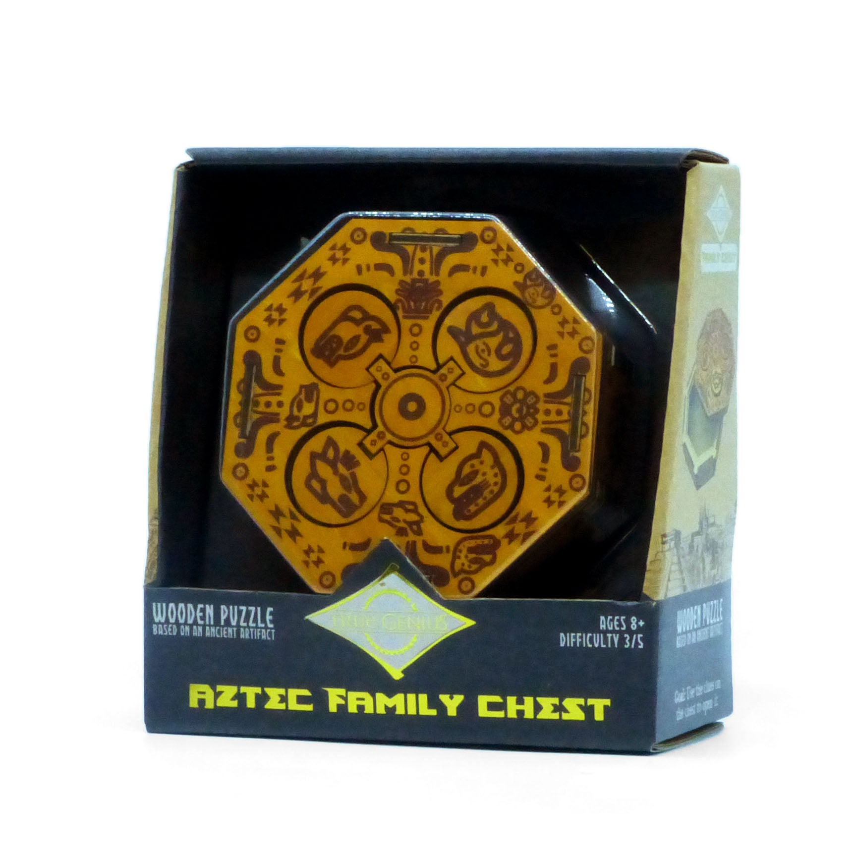 Aztec Family Chest wooden puzzle with decorative design on a white background