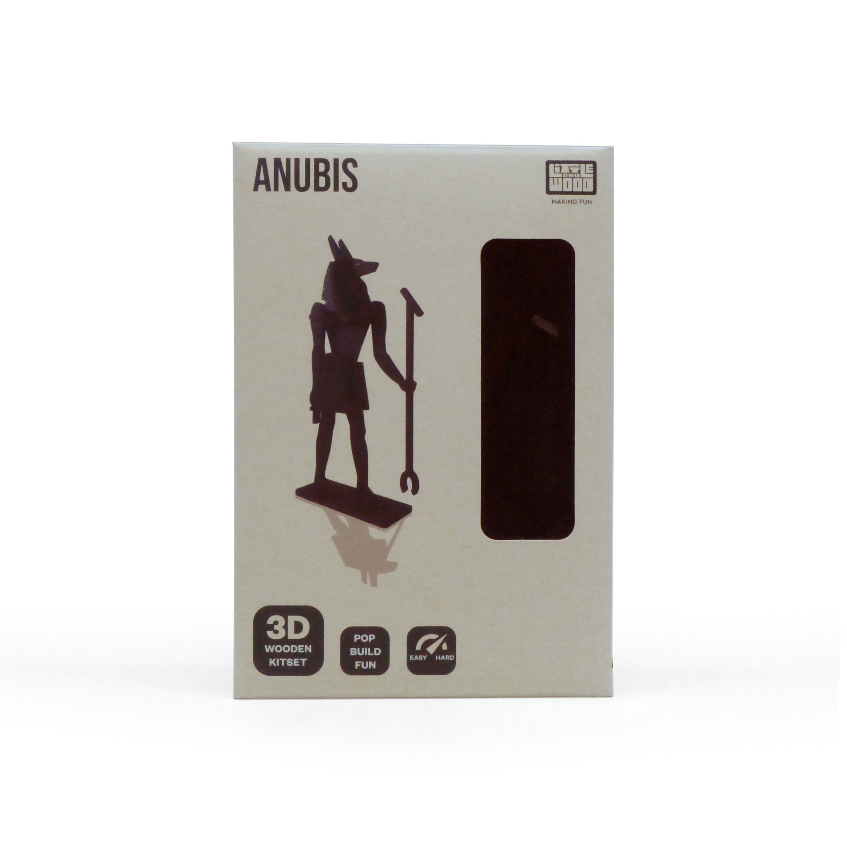 Simple Ancient Egyptian themed 3-d puzzle in packaging. Packaging features a photo of the finished puzzle which is the Egyptian God Anubis.