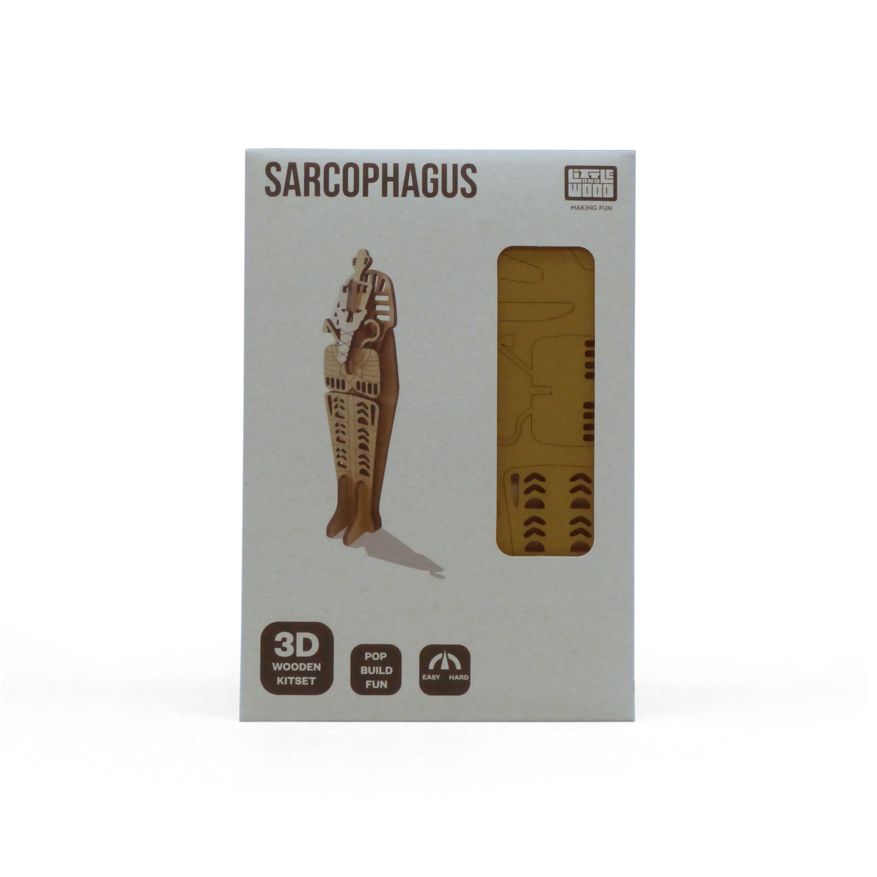 Simple Ancient Egyptian themed 3-d puzzle in packaging. Packaging features a photo of the finished puzzle which is an Egyptian sarcophagus.