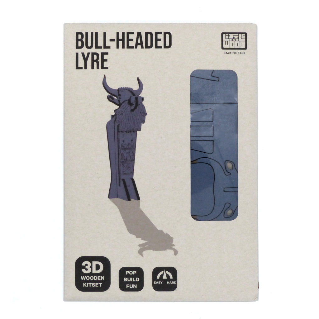 Box for a 'Bull-Headed Lyre' 3D wooden kit with illustrations of the product on a beige background.