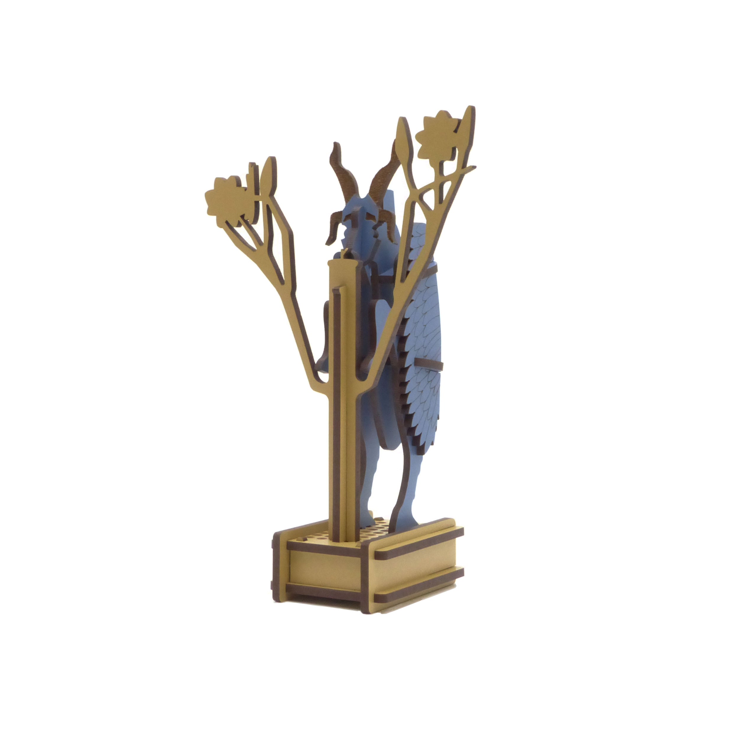 Assembled 3-d puzzle of a ram on a gold/yellow color stand against a white background. front view.