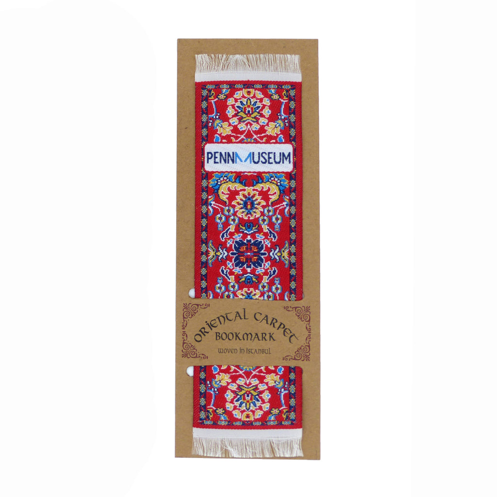 Woven bookmark with intricate design and fringe on top and bottom. Primarily red in color. featured  on a product card.