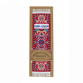 Woven bookmark with intricate design and fringe on top and bottom. Primarily red in color. featured  on a product card.