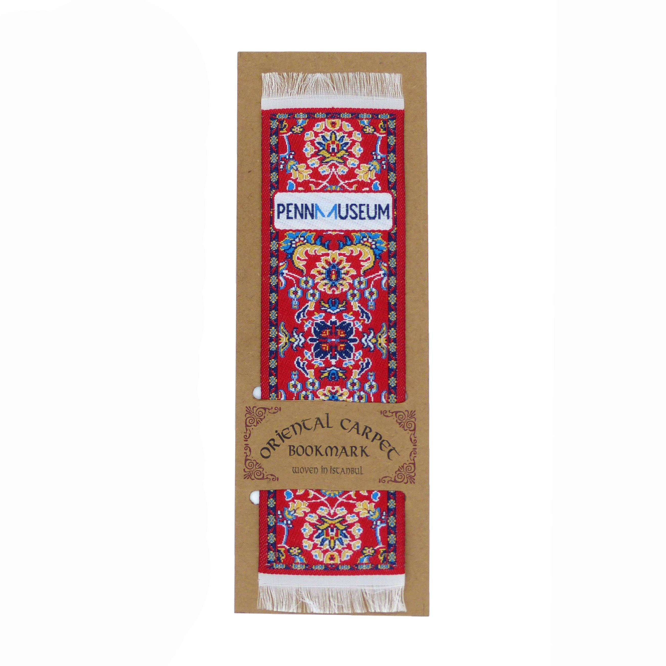 Woven bookmark with intricate design and fringe on top and bottom. Primarily red in color. featured  on a product card.