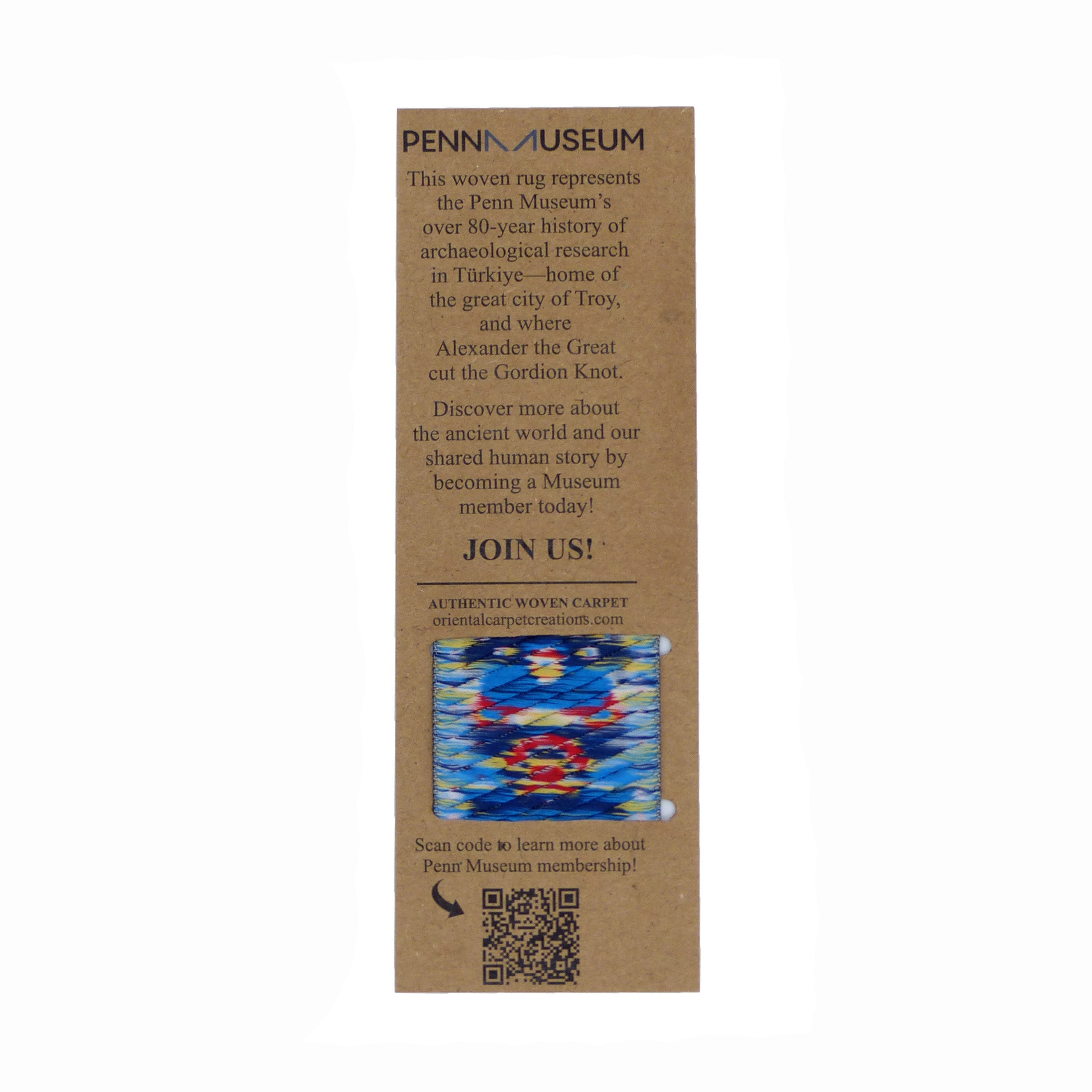 Back of card with woven bookmark with a cut out showing weaving and description of product.