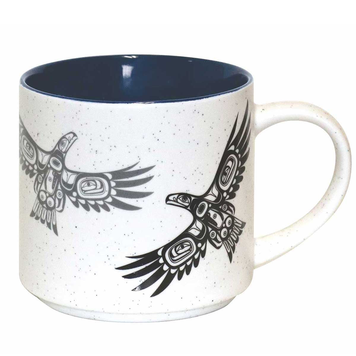 Ceramic mug with Native Northwest artwork of soaring eagles.