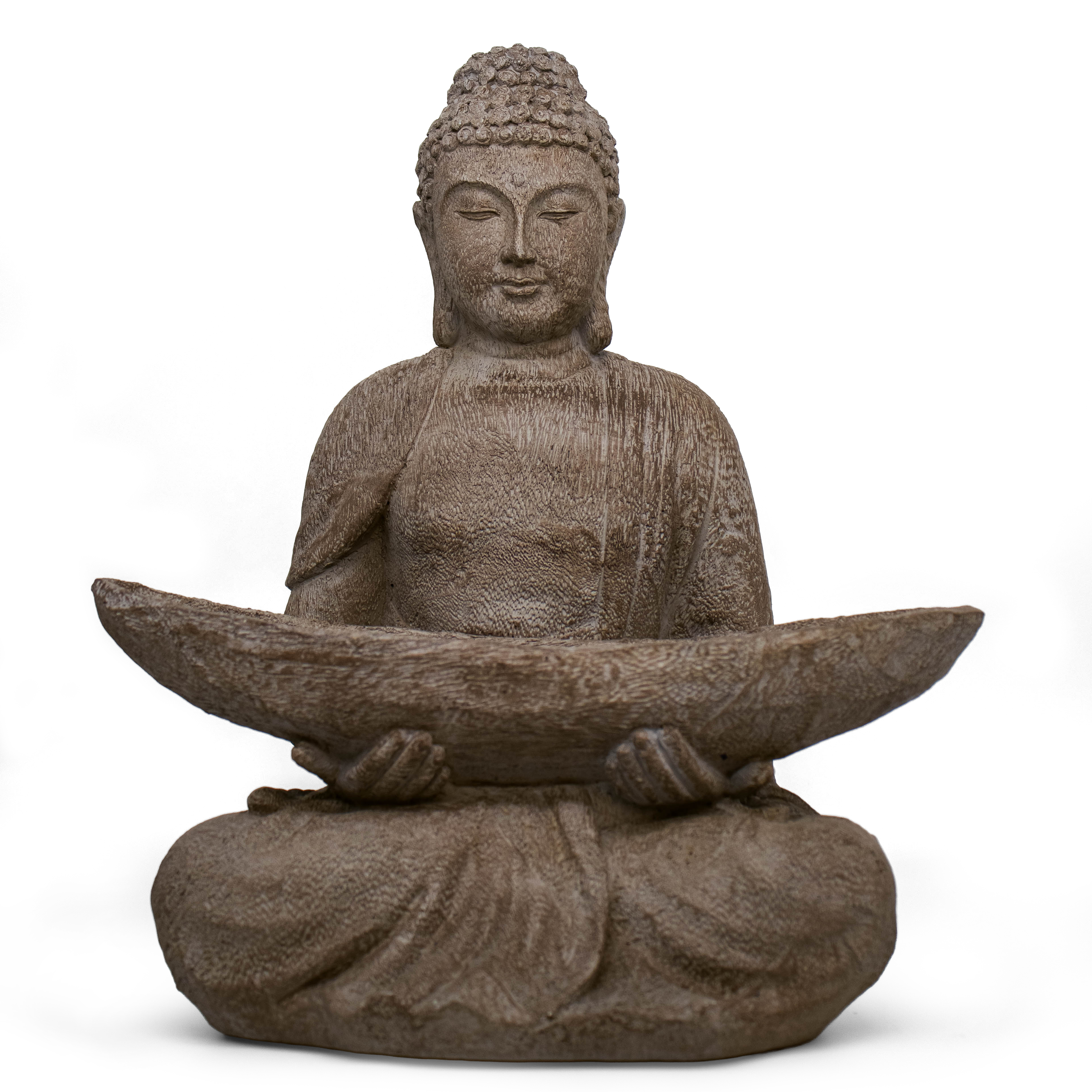 Statue of seated Buddha holding an alms tray. Gray stone-like finish on white background. The Buddha is calm with eyes closed and a gentle smile. 