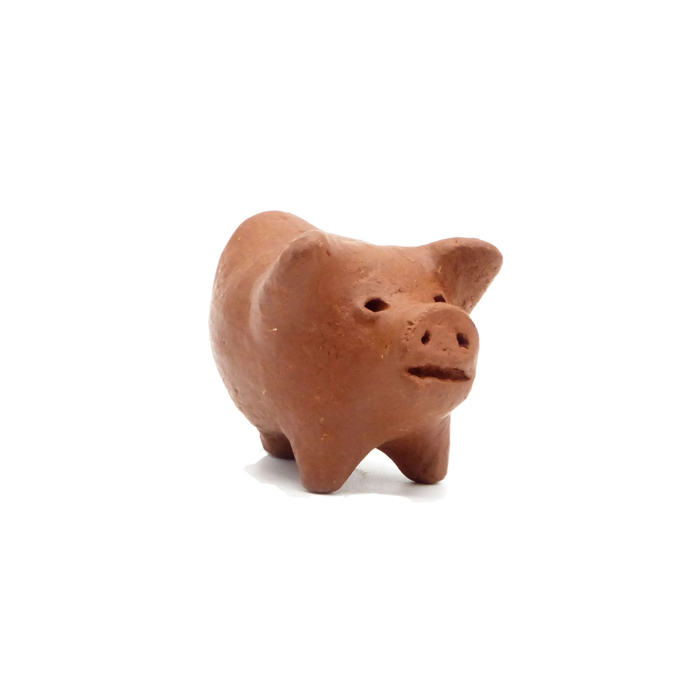 Small terracotta piggy on a white background