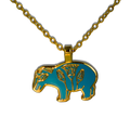 Turquoise and gold Egyptian-style enamel hippo pendant on gold chain on white background.
