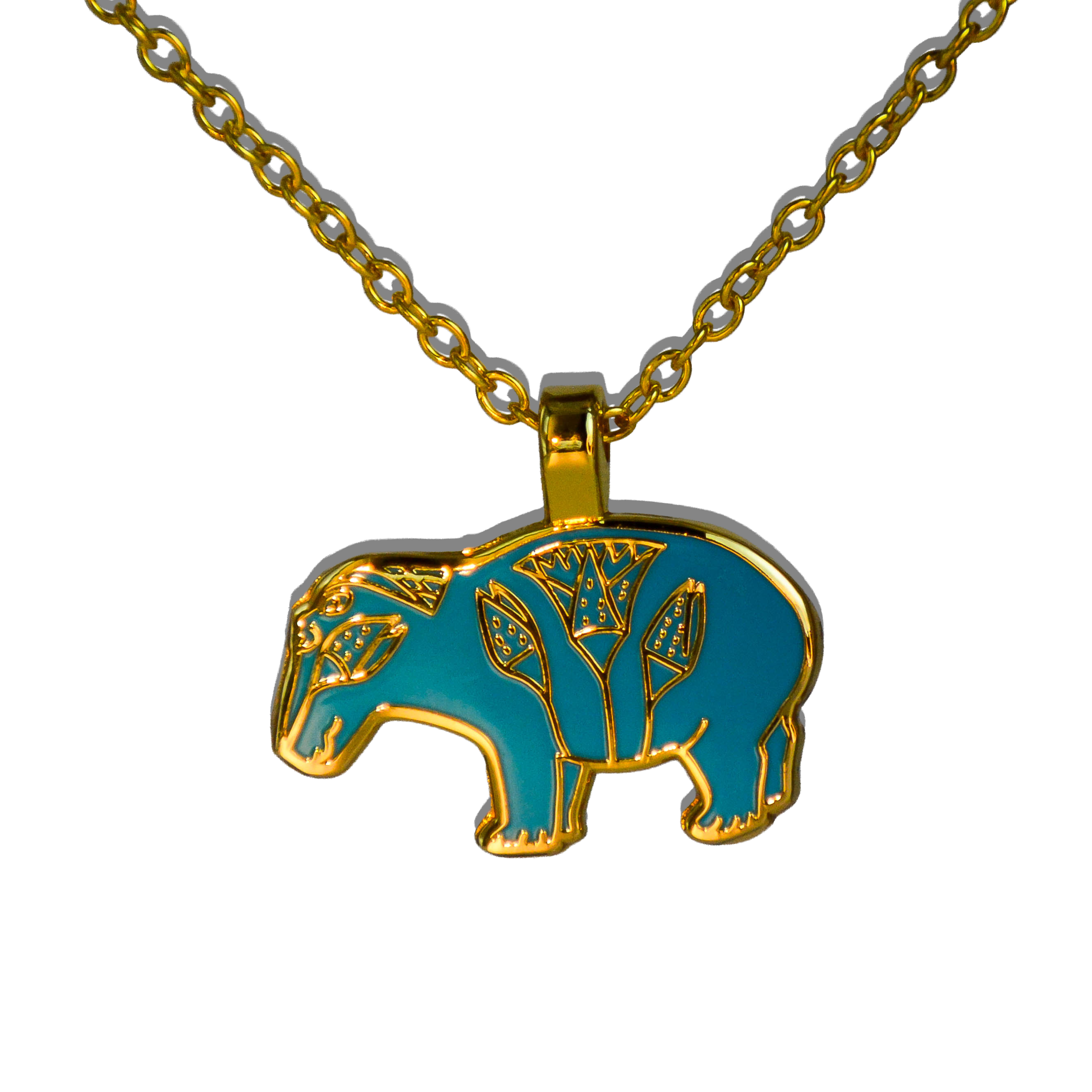 Turquoise and gold Egyptian-style enamel hippo pendant on gold chain on white background.