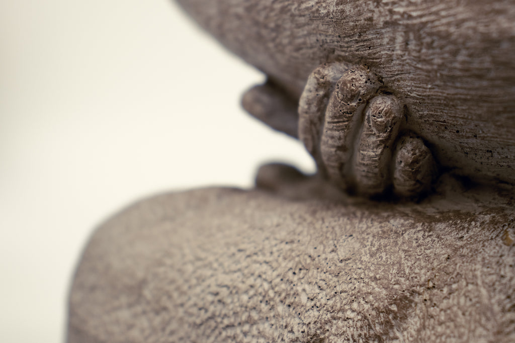 Close-up of the Buddha's right hand holding the alms tray. 
