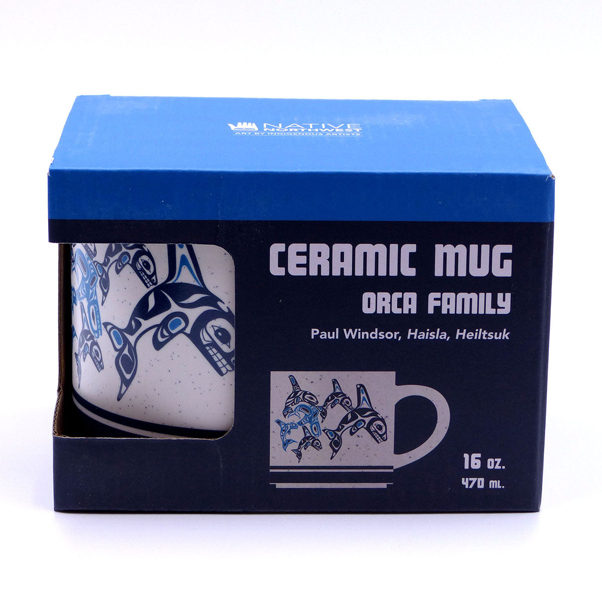 A ceramic mug with blue and white design featuring a graphic of orcas in its box which features a photo of the mug and product details.