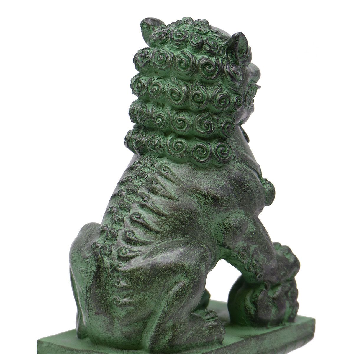 Close up view showing detail on the back of a Chinese Foo lion/Foo dog. figure has a finish to resemble patinated bronze.